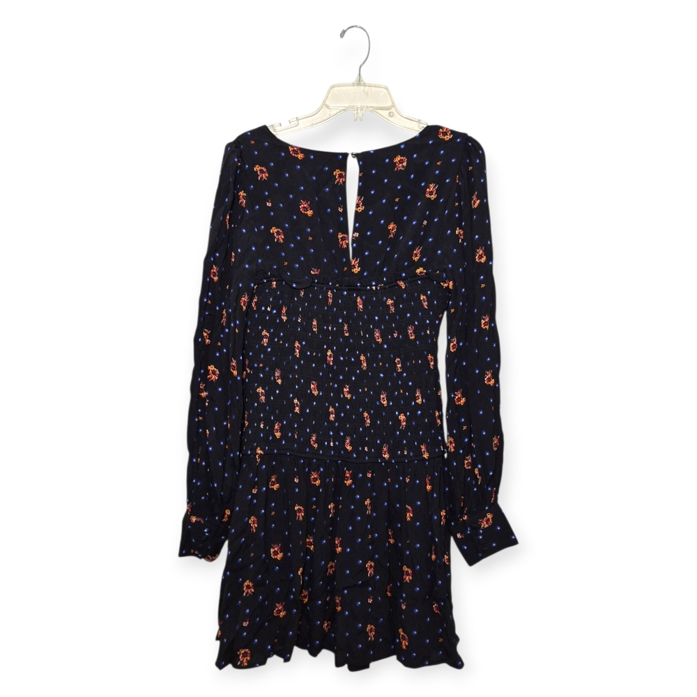 FREE PEOPLE Two Faces Mini Dress Ruched With Floral Print Black Blue Small - Picture 6 of 10